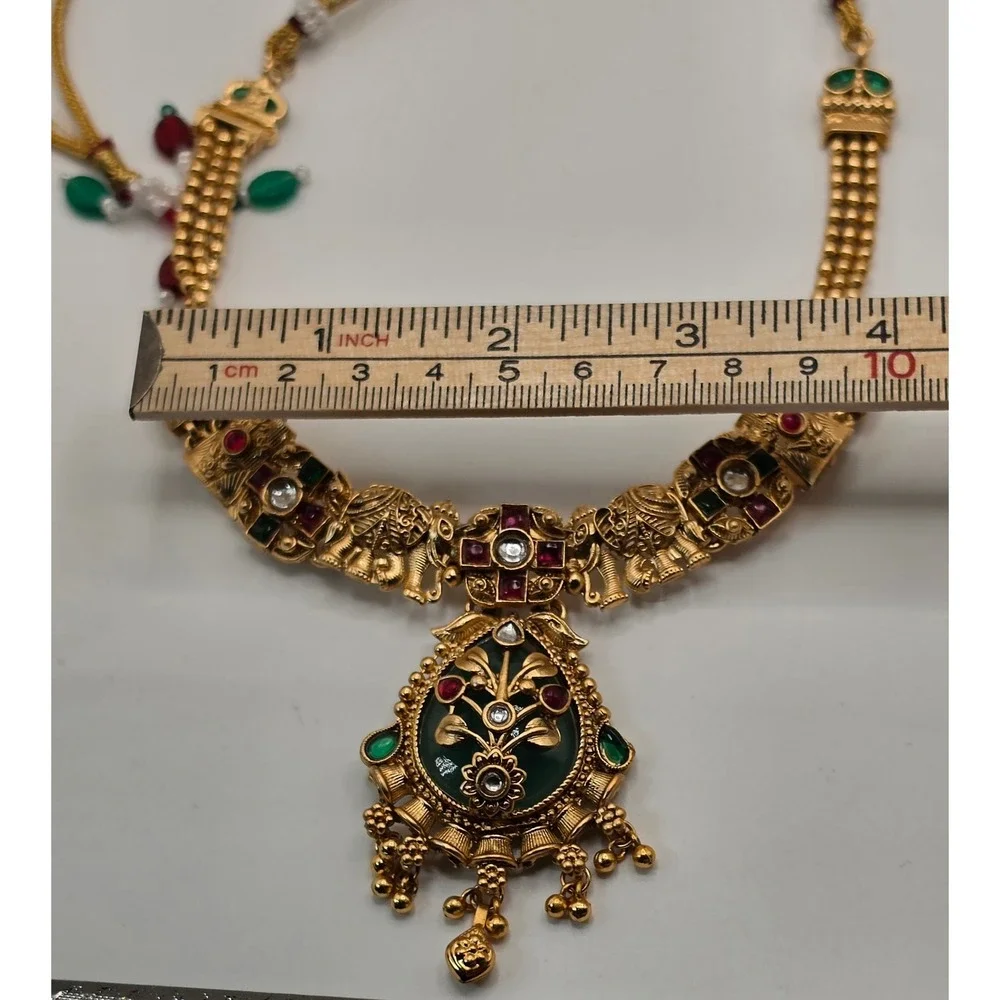 Indian Kundan Style Elephant Necklace Earrings Set Gold Tone Green Red Bridal